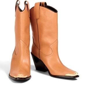 Tory Burch Western Cowgirl Mid Boot Camel Leather Gold Toe Kick NEW NIB